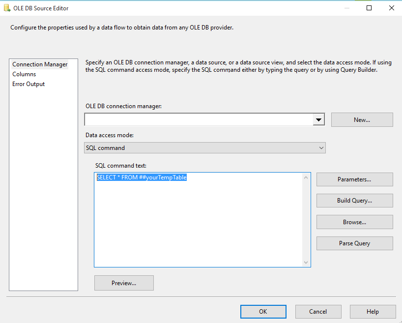 Image of the OLE DB Source Editor Window