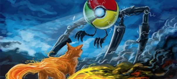 Image of a small firefox facing off against a giant mechanical chrome monster