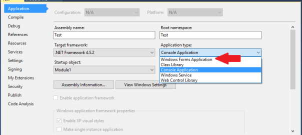 Picture showing the Application screen highlighting the Application type change from Console Application to Windows Forms Application