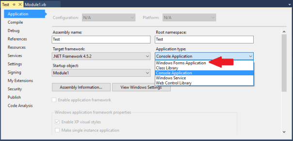 Picture showing the Application screen highlighting the Application type change from Console Application to Windows Forms Application