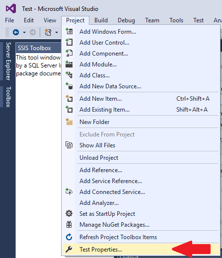 Picture showing Project options highlighting Properties