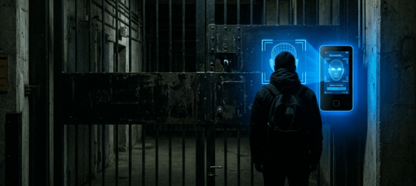 Person facing a security gate undergoing facial recognition scan on a digital device