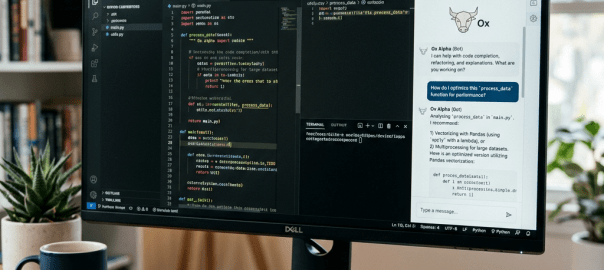 Monitor displaying Python code and an AI coding assistant beside a keyboard and mouse