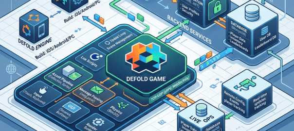 Defold Game architecture diagram connecting game engine, backend, cloud, database, and live operations